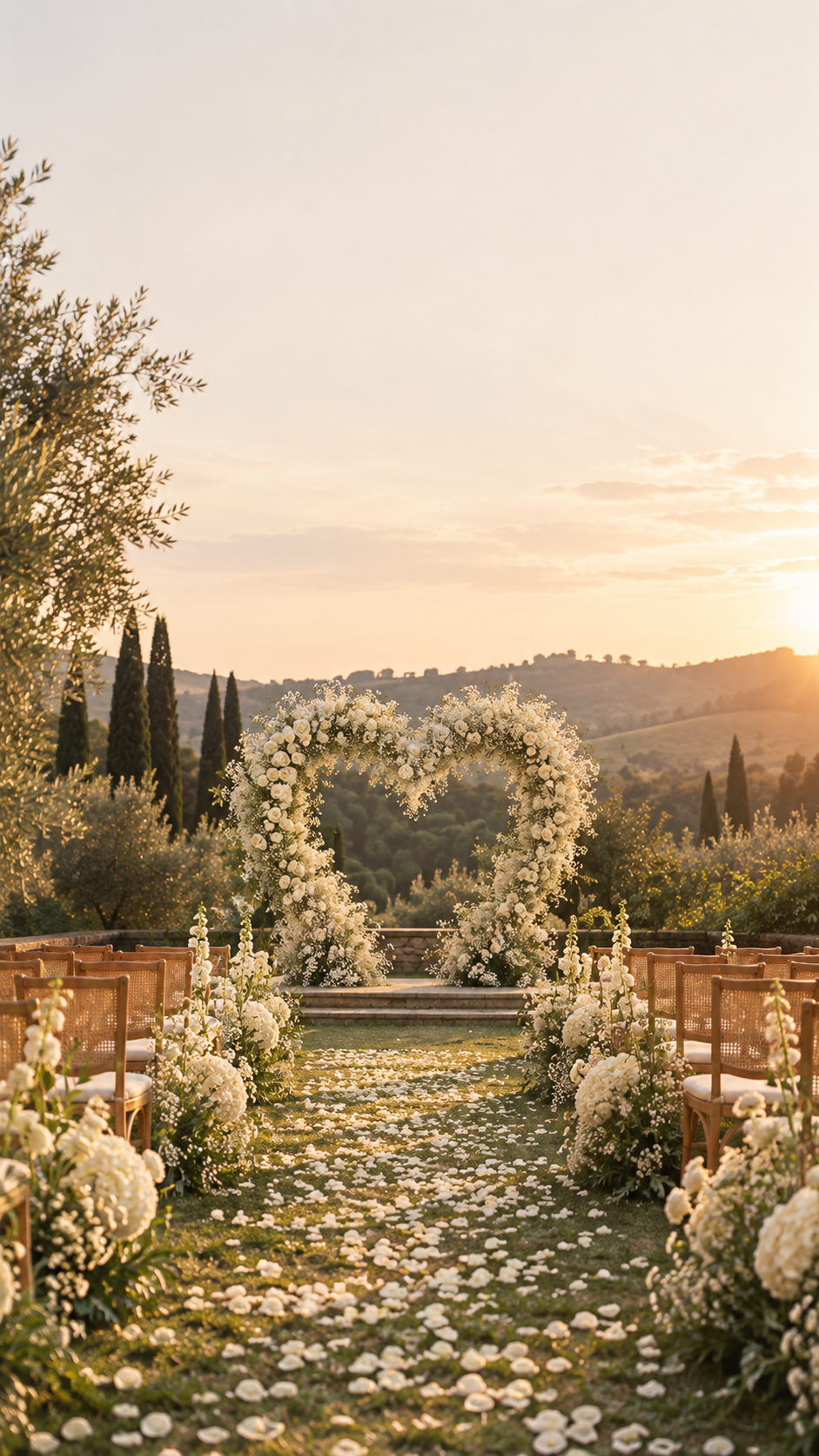 Cerimônia de casamento ao pôr do sol com arco floral em formato de coração